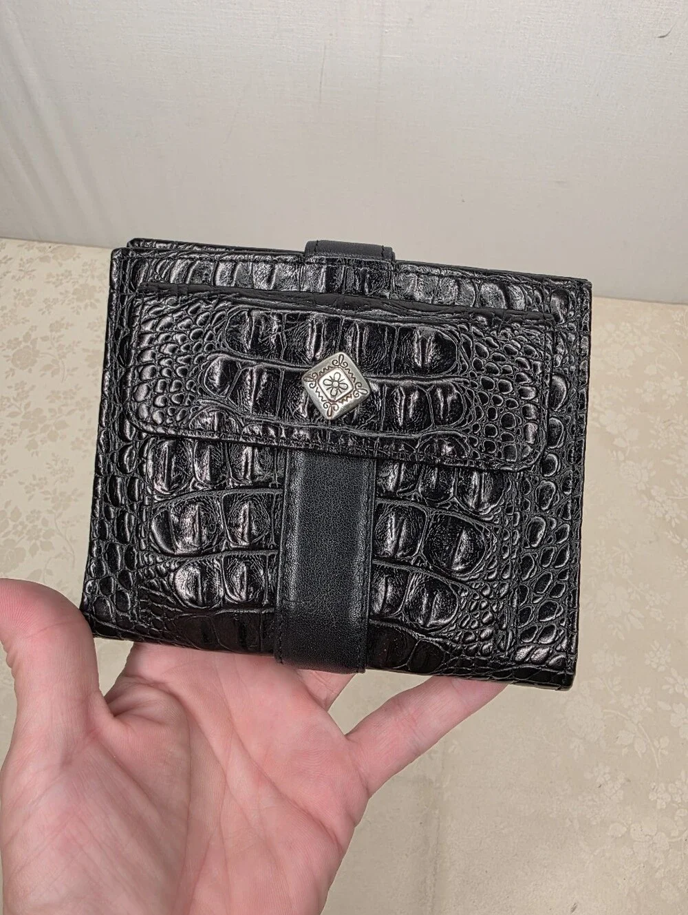 Brighton Black Leather Croc Bifold Wallet Coin Pocket Silver Hardware